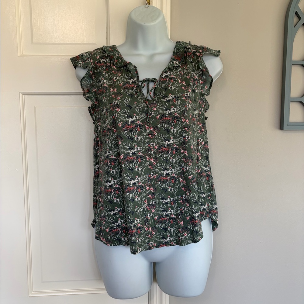 Lucky Brand Olive Green Floral Tie-Front Ruffle Sleeve Top